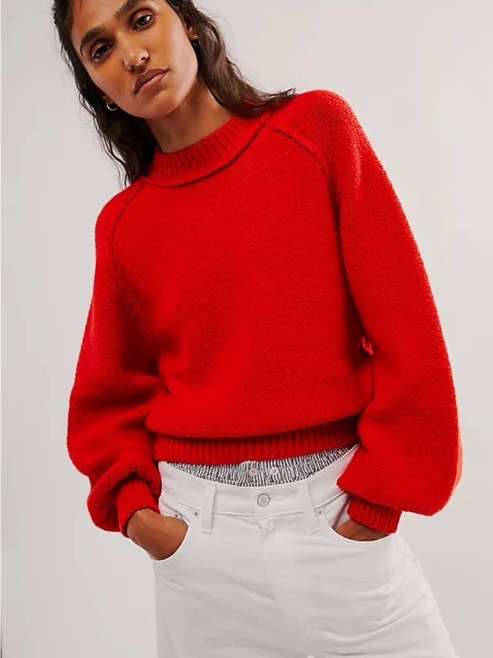 Free People Riley Red Balloon Sleeve Ribbed Cropped Knit Sweater Size XS